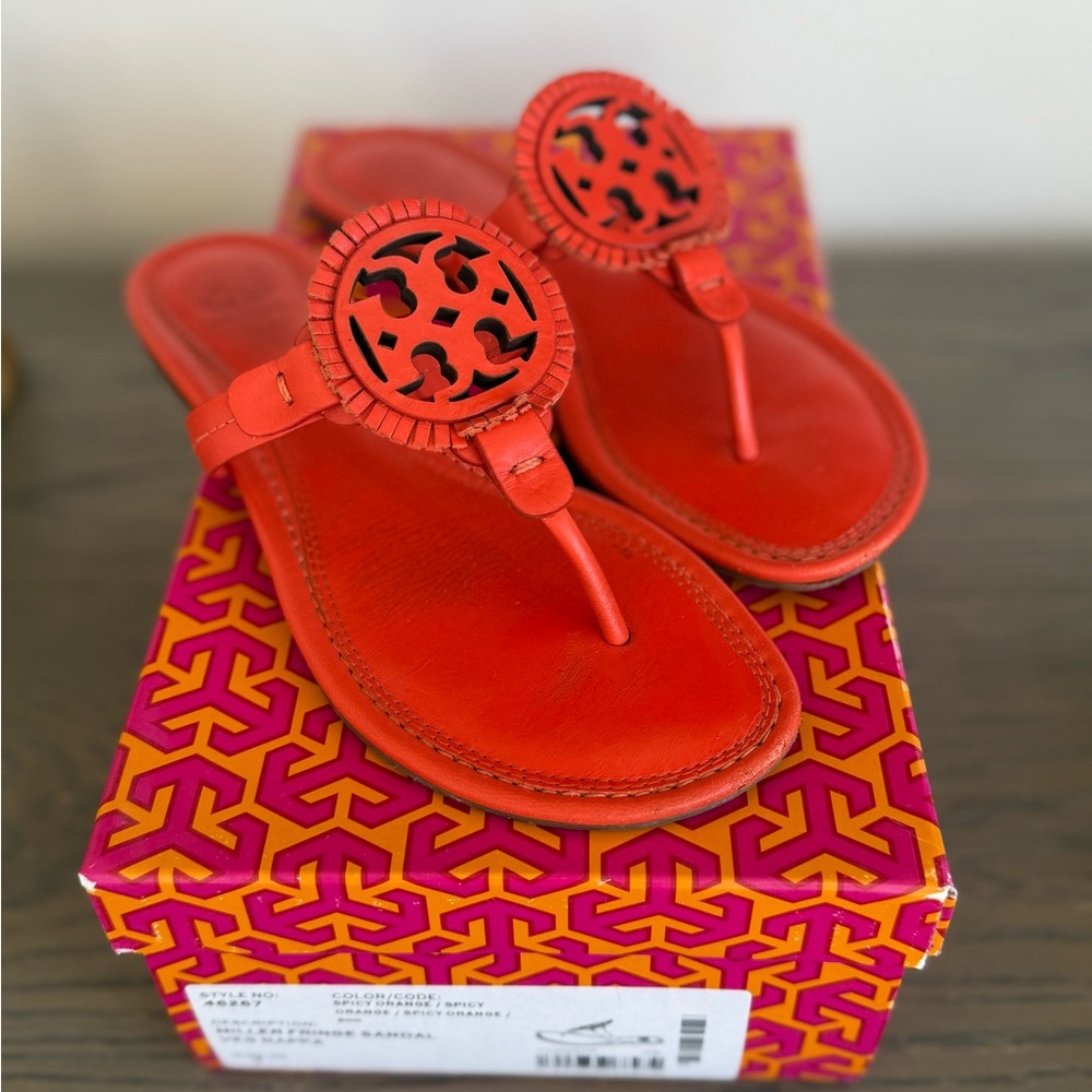 Virtually new Tory Burch Miller Fringe Sandal - Spicy Orange